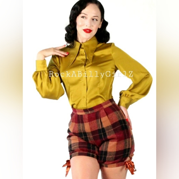 Tatyana 1940's Willow Chartreuse Satin Blouse Pinup Bishop Sleeves Arrow Collar - Picture 2 of 12
